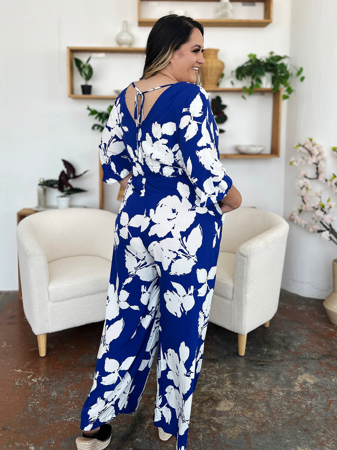 Two piece Set Full Size Printed Tie Back Wide Leg Jumpsuit